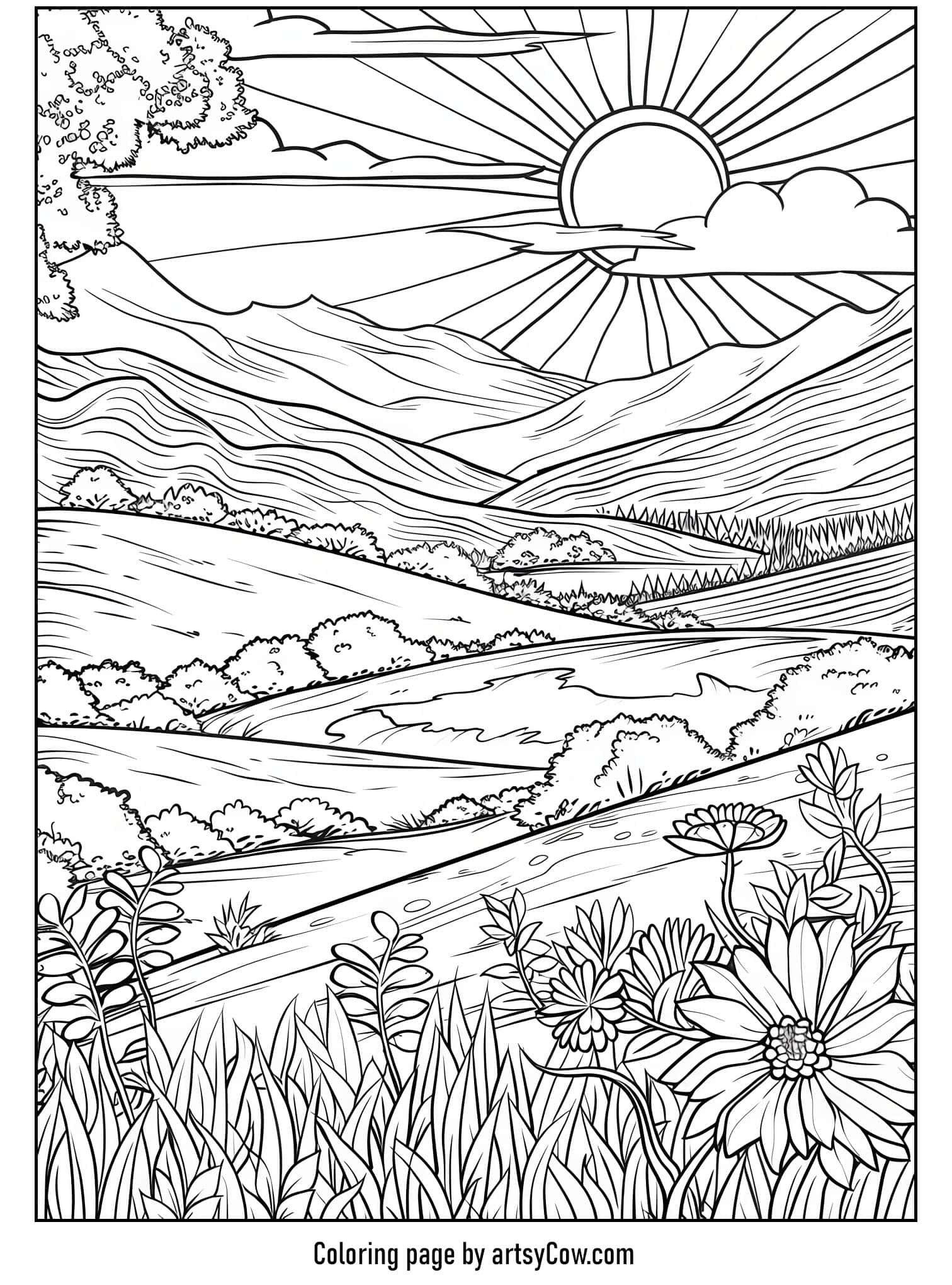 a serene landscape with hills, sun rays, and a foreground of wildflowers
